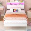 Elephance Twin Bed Frames with Charging Station and LED Lights, Metal Bed Frame with 2-Tier Storage Headboard, No Box Spring Needed, Noise Free, Easy Assembly