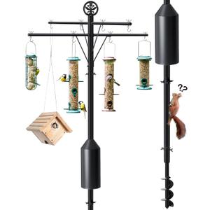 95 Inch Bird Feeder Pole with Torpedo Squirrel Proof Baffle, Heavy Duty Steel Squirrel Proof Pole System with Hanging Stations, Ideal for Holding 8 Feeders, Wind Chimes, Plants