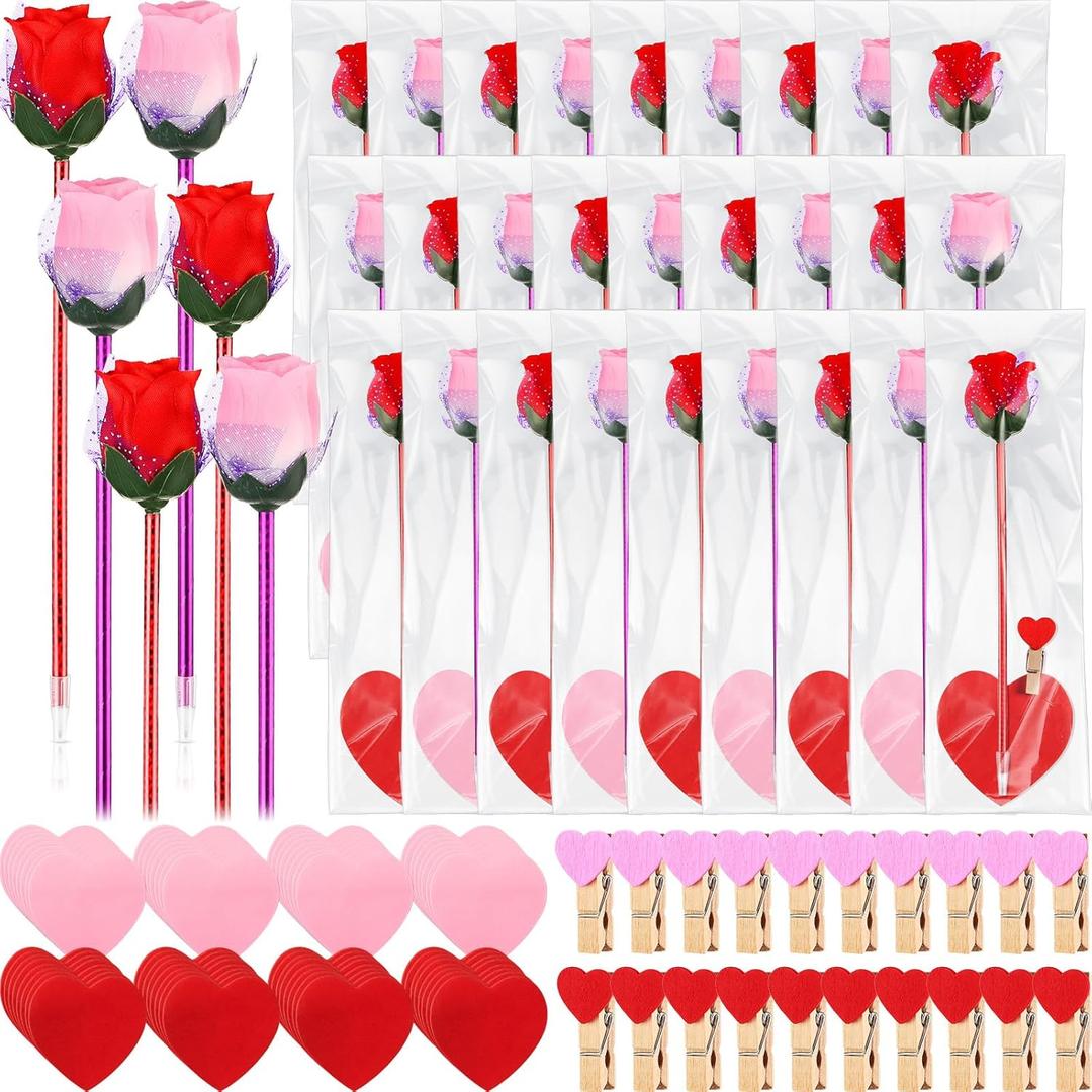 Yexiya 48 Sets Valentine's Day Flower Rose Pen Bulk Gifts with Sticky Notes Heart Clips Goodie Bags for Women Teacher Cowork Nurse Office Gift (Red and Pink)