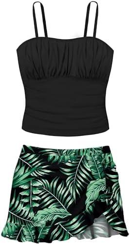 ADIRUN Girls Tankini Swimsuits Two Piece Tropical Print Pleated Bathing Suit with Ruffle Drawstring Skirt Swimwear, Size 15-16Y