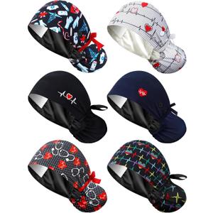 6 Pcs Satin Lined Scrub Caps Women Nurse Surgical Hat with Buttons Ponytail Working Adjustable Pouch Tie Back