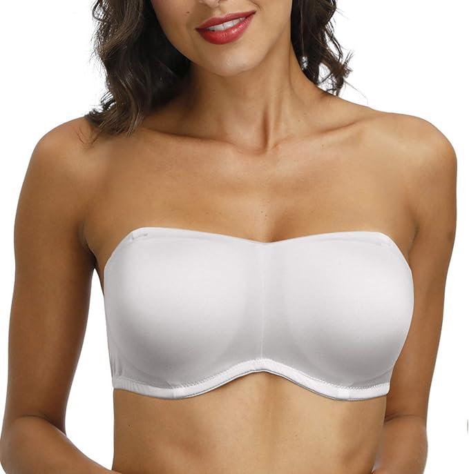 DHX Women's Strapless Bandeau Bra with Clear Straps Multiway Removable Pads Plus Size Bras for Large Bust Full Coverage,White,34F