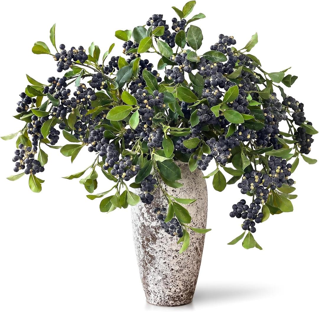 4Pcs 33"Artificial Blueberry Stems, Faux Blueberries Fruit Branch(Blue) | DIY Bouquet, Highly Realistic, Vivid and Lush, Fake Flower Picks, for Vase/Window/Table Centerpiece/Kitchen/Shower/Home Decor