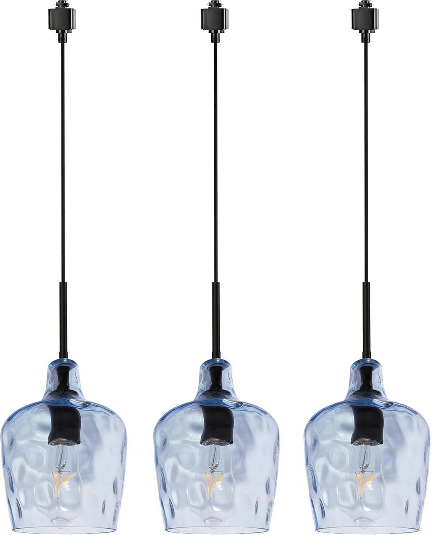 VINLUZ 3-Pack Track Pendant Lighting Set with Black Finish and H-Type, Blue Clear Glass Chandelier Adjustable Hanging Light for Dining Room Kitchen