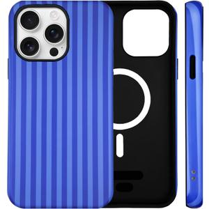 for iPhone 16 Pro Max Case Cute Striped Phone Case Compatible with MagSafe, Dual-Layer Shock Protection(Hard PC + Silicone) - Aesthetic Protective Phone Cover for Women Girl, Navy