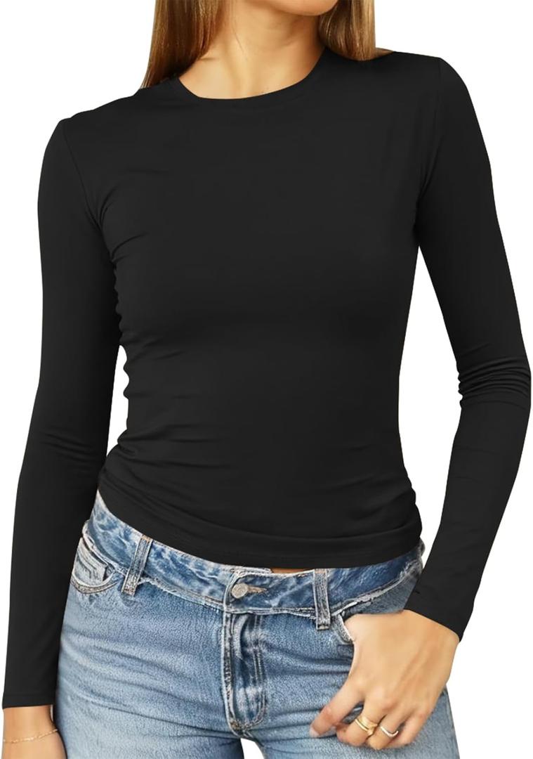 Abardsion Women's Long Sleeve Shirts Spring 2025 Casual Basic Going Out Crop Tops Slim Fit Tight Y2K Clothes (X-Large)