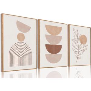 Boho Abstract Line Leaf Framed Canvas Wall Art Set of 3, 16x24 inch, 16"x24"Natural