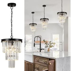Black Crystal Pendant Light for Kitchen Island,Mini Crystal Chandeliers Modern for Dining Room,3 Tiers K9 Ceiling Pendant Light Fixture for Hallway Bedroom Closet