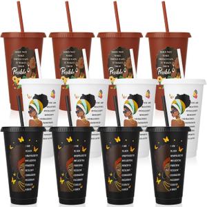 12 Pcs African American Cups with Lids and Straws, 24 oz Black Women Drinking Cups Black Owned Inspirational Gift for Women Lady