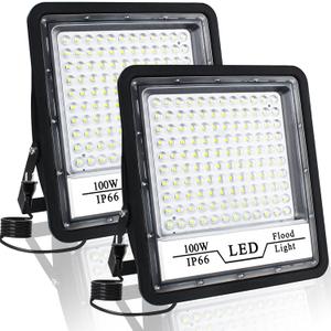 2 Pack 100W LED Flood Light Outdoor, 10000LM Bright LED Work Lights Plug in, IP66 Waterproof Exterior Floodlight, 6500K Security Light for Patio, Backyard, Lawn, Stadium, Playground