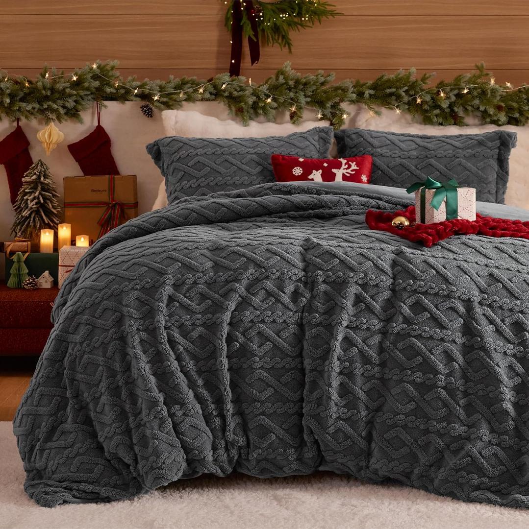 Bedsure Fluffy Duvet Cover Set - Faux Fur Comforter Cover Queen Size, Dark Grey Warm Plush Bedding for Winter, 3-Piece Set with Zipper Closure (90"x90") and 2 Pillow Shams, Comforter Sold Separately 