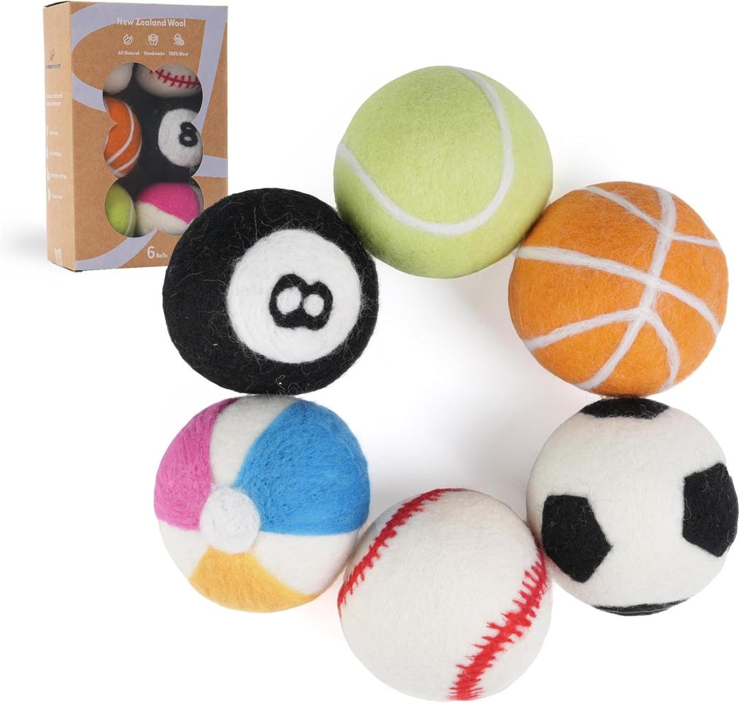 2 x Wool Dryer Balls XL Size 6 Pack - Fun Dryer Balls with Ball Patterns Cute Dryer Balls Laundry Reusable Anti Static Handmade New Zealand Wool Balls (Ball Patterns with Primitive Color)