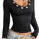 BEAUDRM Women's Y2k Grommet Eyelet Crop T Shirts Long Sleeve V Neck Fitted Going Out Tops Streetwear, XS