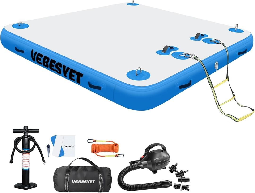 Floating Dock Inflatable Platform, 6/8 Inch Thick Multi-Person Swim Inflatable Floating Dock Floats with Storage Bag for Beach Lake Boating Pool (White+Blue)