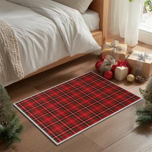 Artoid Mode Red Stripe Plaid Christmas Door Mat, Winter Home Decor Low-Profile Non-Slip Washable Throw Rug for Kitchen Entryway Front Door Bedroom Bathroom 2x3 Feet