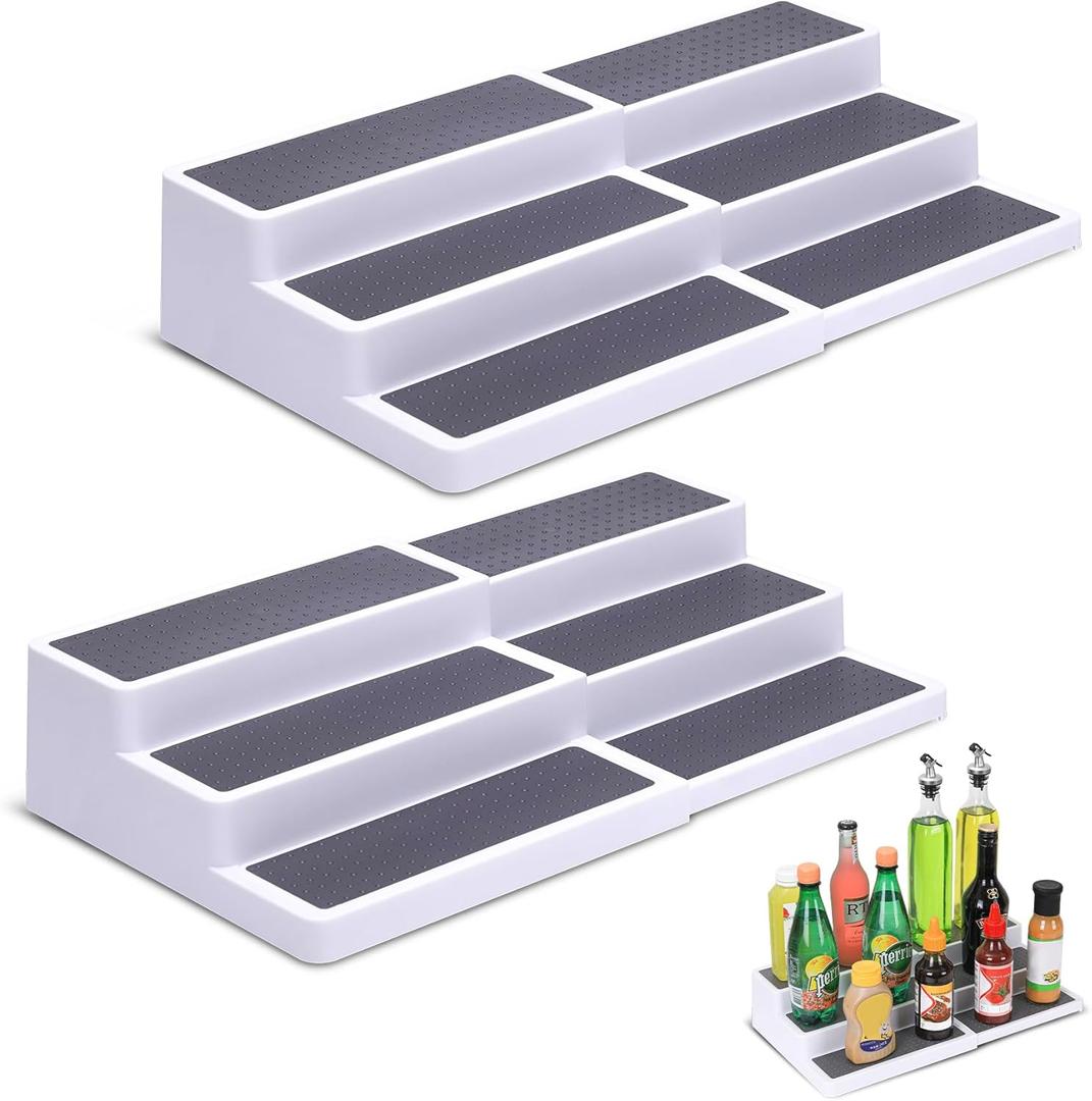 CiWiVOKi 3-Tier Expandable Spice Rack, Plastic Spice Rack Organizer for Cabinet, Adjustable Length, Non-Skid Spice Shelf Organizer for Kitchen Cabinet, Countertop or Pantry, 2 Pack, White/Grey (9.5"-17.5")