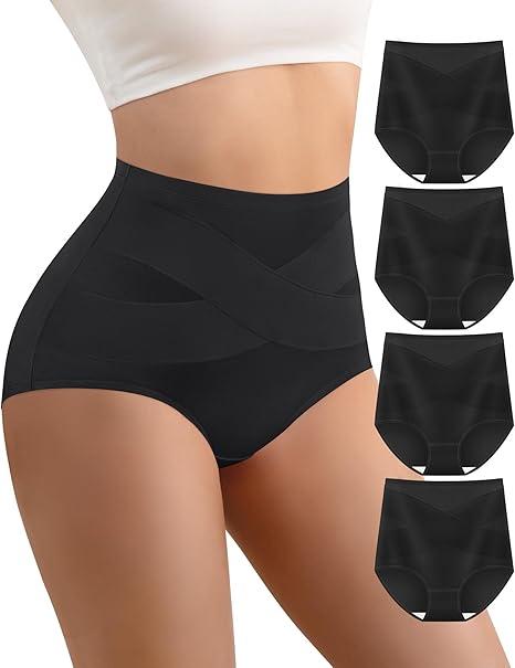 YDQ Womens High Waisted Cotton Underwear 4 Pack Tummy Control Panties Ladies Post Partum Compression Postpartum, Black, Size: M