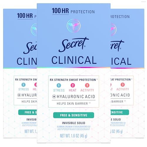 Secret Clinical Strength Antiperspirant Deodorant for Women, Free & Sensitive, 3X Stress Protection, 72hr Sweat & Odor Protection, PH Balancing Minerals, Invisible Solid, Unscented, 1.6 oz