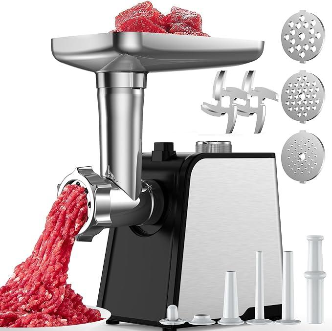 3200W Max Electric Meat Grinder & Sausage Stuffer - Mincer Machine with Tool 2 Blade And 3 Plates, 3 Tubes & Kubbe Kit Tool for Home Kitchen Use (Black）