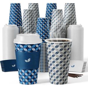 JOLLY CHEF 16 oz Coffee Cups with Lids 100 Pack, Disposable Hot Paper Coffee Cups with Lids, Sleeves and Stirrers for Christmas, Thanksgiving, Party