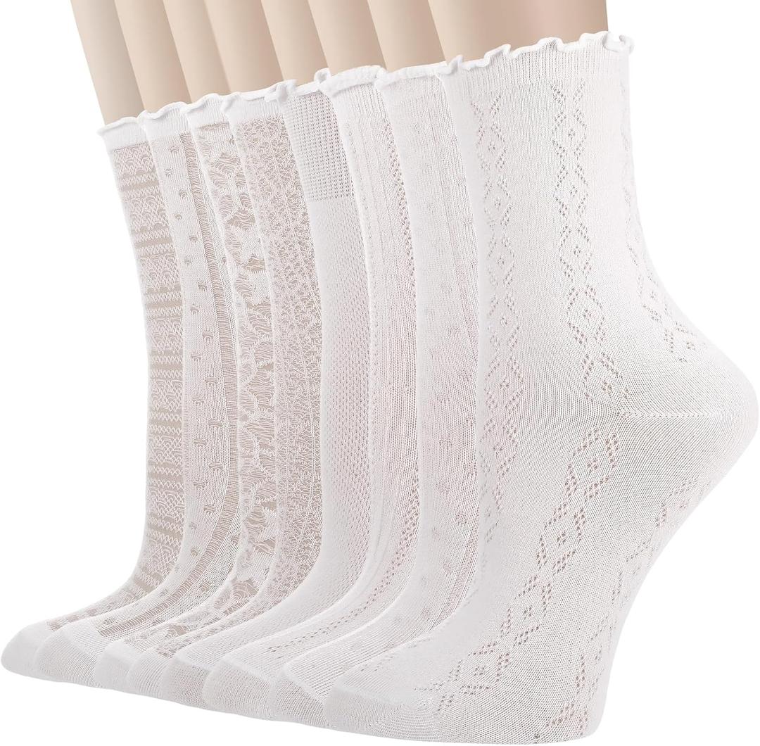 8 Pairs Women's Ruffle Socks, Cute White Thin Sheer Sock Cool Breathable Mesh, Cotton Knit Lettuce Trim Dress Ankle Socks, Casual Summer Frilly Sock for Women Girls (White)
