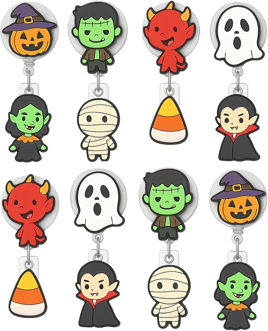 8Pcs Horror Badge Reels, Halloween Badge Reels Retractable, Funny Badge Holder Alligator Clip for Nurse Doctor