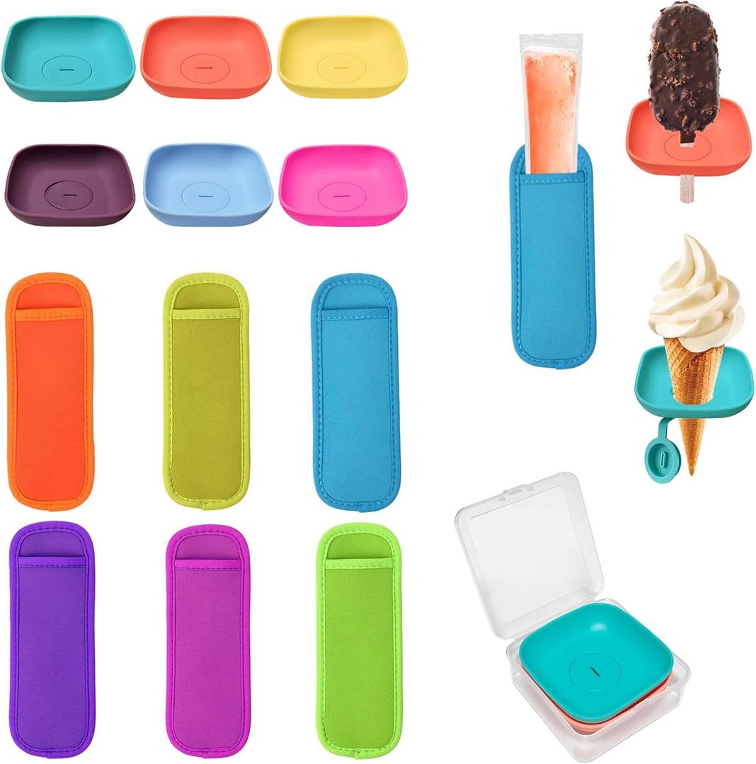 Silicone Popsicle Holder and Sleeves, Reusable Ice Pop Sleeves for Toddlers, No mess Ice Cream Holder for Summer and Birthday Party, Adjustable Clips, Dishwasher Safety, 12pcs, 3-in-1 (6PCS)