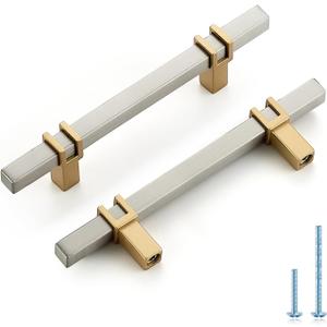 HOME EDIT 3-1/2 inch Cabinet Handles, 5 Pack Kitchen Cabinet Handles Brushed Nickel and Gold Drawer Pulls Zinc Alloy Square Bar Kitchen Pulls
