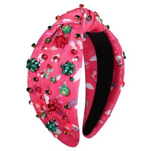 Christmas Holiday Headband Xmas Hair Accessories Green Plaid Knotted Head Band for Women Embellished Crystal Top Knot Head Band Christmas Costume Party Favor (Pink)