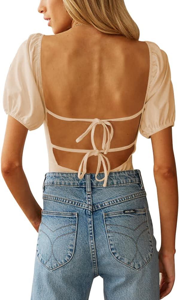 oten Women's Sexy Backless Puff Sleeve Square Neck Tie Back Bodysuit Tops (Medium, Beige)