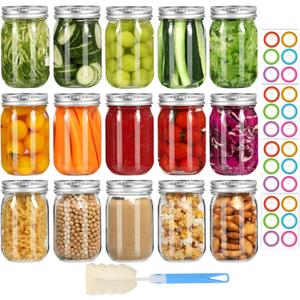 Glass Mason Jars 16 oz with Airtight Lids and Bands - 15 Pack Regular Mouth Pint Canning Jars for Pickling, Meal Prep, Overnight Oats, Dry Food & DIY Crafts - Includes 24 Stickers & Brush