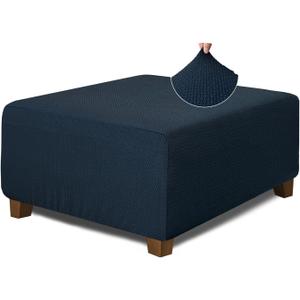 NeColorLife Square Ottoman Cover Jacquard Fabric Slipcover Thick Stretchable Footrest Stool Covers for Square Ottoman,Medium,Navy Blue