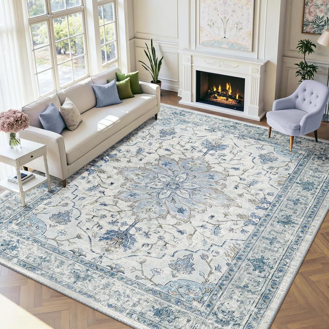 RELEANY Area Rugs 9'x12' Washable Non-Slip, Floral Vintage Distress Print Pattern Medallion Carpet for Living Room Bedroom Dining Room, Light Blue Navy Beige Gray White