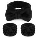 WSYUB Makeup Headbands, 1pcs Black Spa Headband Fluffy Bow Tie Headband Microfiber Face, and 2Pcs Wrist Spa Wash Band Absorbent Wristbands, for Washing Face Skin Care