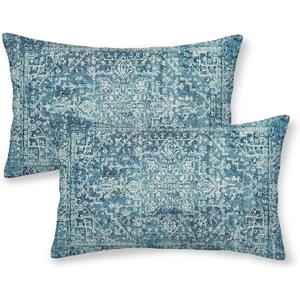 Boho Pillow Covers 12x20 Set of 2, Teal Carpet Pattern Decorative Throw Pillows Linen Ethnic Design Farmhouse Cushion Pillow Covers for Sofa Couch Outdoor