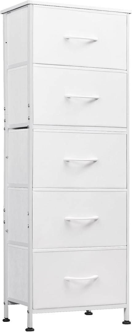 WLIVE Tall Dresser for Bedroom, 5 Drawer Dresser, White
5 vertical fabric drawers, Tall vertical design, Bedroom or closet use, Dresser for small spaces, Chest of drawers