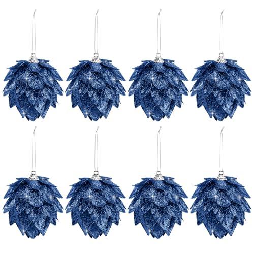 Jetec 8 Pieces Christmas Ornaments Glitter Christmas Tree Hanging Decoration Decorative Artificial Pine Cones Flowers Hanging Ornaments for Winter Wreath Holiday Decor(Navy Blue)