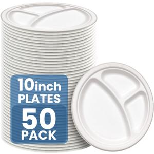 Vallo Compostable Plates with 3-Compartments - Eco Friendly Disposable Paper Plates made from Sugarcane Bagasse Fibers (10 Inch, 50 Count)