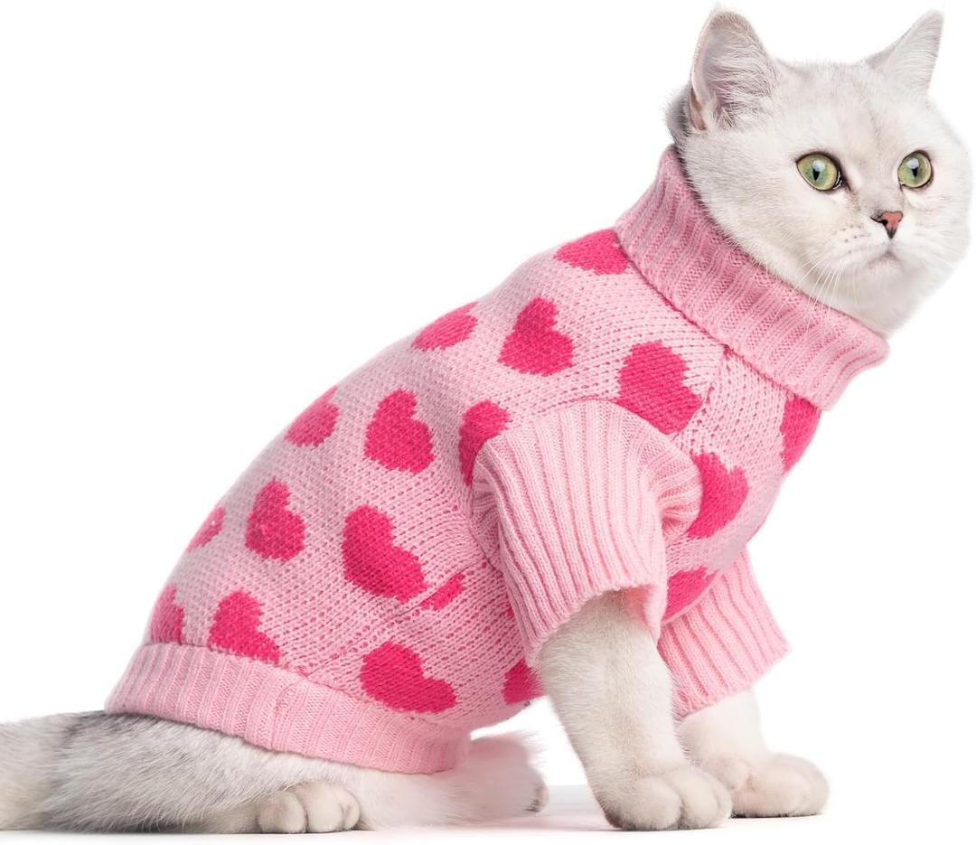 KOOLTAIL Cat Sweater - Valentine's Day Outfit with Hear Love Pattern Cold Weather Soft Warm Knit Turtleneck Clothes for Cats Kitten Small Dogs Puppy Pink M