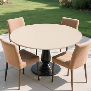 Round Fitted Tablecloth with Elastic Edge, Flannel Backed Vinyl Tablecloths, Wipeable Waterproof Plastic Table Cloth Fits 27" - 32" Round Table for Dining, Camping, Indoor and Outdoor, Beige