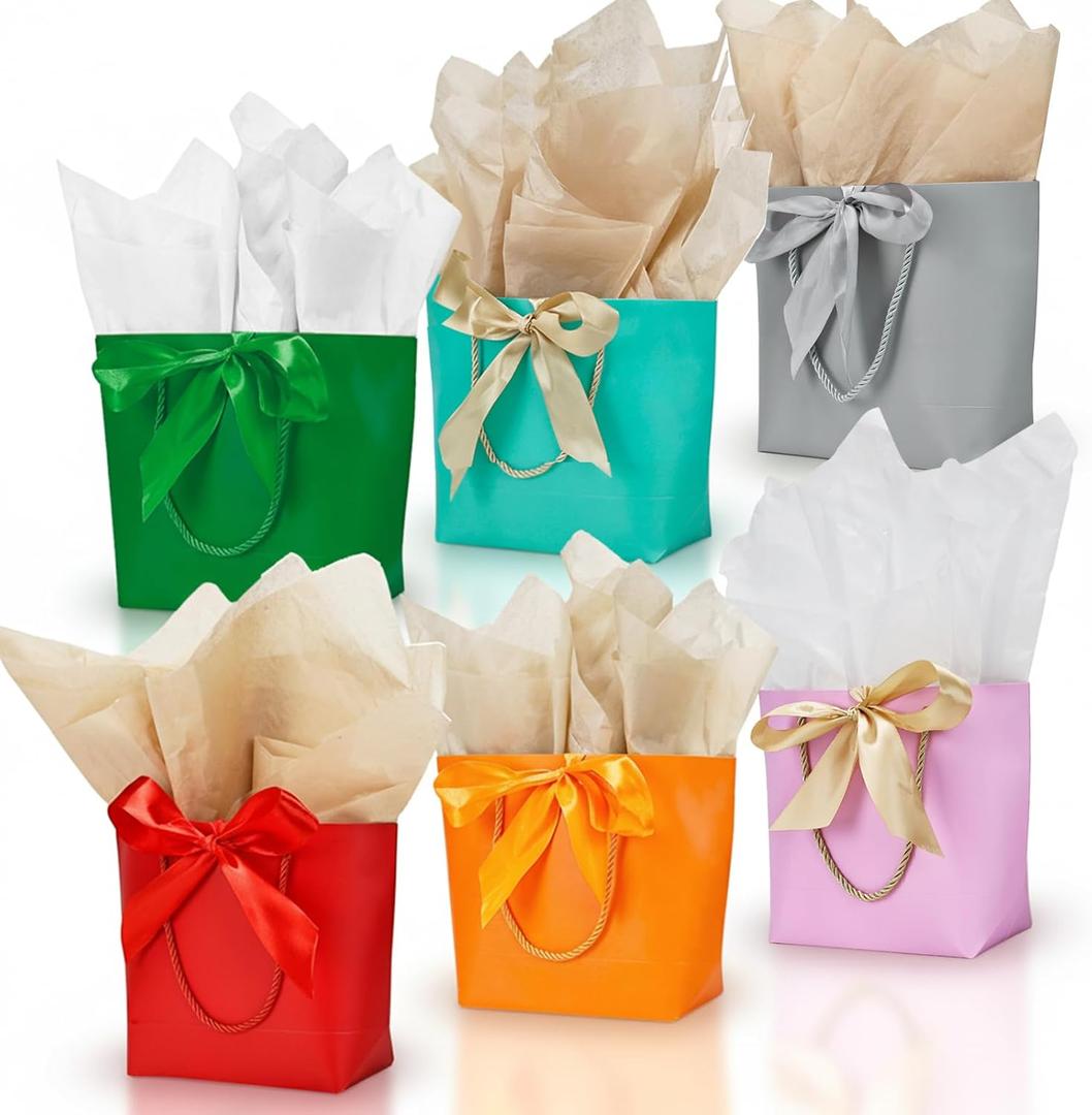Aosric 12 Pack Small Color Gift Bags with Ribbon & Tissue Paper, 7.48x3.54x7.9 In Treat, Candy, Favor, and Goodie Bags with Bottom Board, Perfect for Parties, Birthday, Wedding, Christmas, Baby Shower
