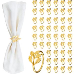 CEYAZYE Gold Napkin Rings Set of 50, Leaf Napkin Holders Buckles for Table Decor, Bulk Shiny Zinc Alloy Delicate Ring for Dinner Parties Wedding Kitchen Banquet Thanksgiving Christma Special Events