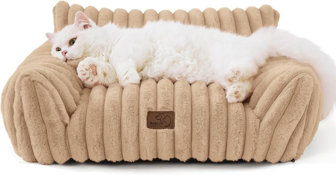 Bedsure ComfyFleece Cute Cat Couch for Pets - Fluffy Cat Sofa with Premium Soft Corduroy Fleece, Fuzzy Pet Couch Bed with Washable Cover, Supportive Pet Chair for Indoor Cats, 24inch, Sandy Beige (24x18x10")