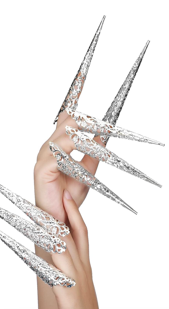 Leelosp 5 Packs Halloween Finger Nail Claw Rings Ancient Queen Fingernail Metal Finger Knuckle Claw for Halloween Women Cosplay Costume Drama Dance Show (Silver)
