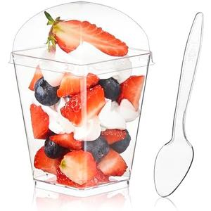 Kucoele 48 Pack 5 oz Dessert Cups with Lids and Spoons, Clear Plastic Parfait Appetizer Cups Dessert Shooters Party Serving Cups for Pudding Fruit Mousse and Yogurt