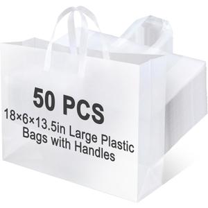 Klyyo Clyro 50 Pack 18  6  13.5 Inch Frosted Plastic Gift Bags with Handle Large Reusable Frosted Plastic Shopping Bags for Small Business, Boutiques, Retail, Wedding Party Favors (White Clear)