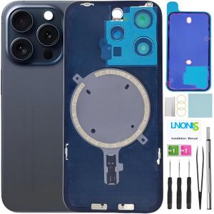 15 Pro Back Glass Replacement for iPhone 15 Pro Rear Back Cover Glass Waterproof and Camera Lens+Professional Repair Tool Kit (Blue Titanium)