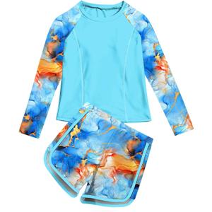 Vogseek Girls Rash Guard Swimsuits 2 Piece Bathing Suit UPF 50+ Summer Swimwear (12-13 Years, Blue Yellow)