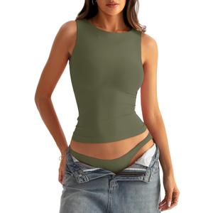 Womens Boat Neck Seamless Tank Tops Sleeveless Double Layering Shirts Basic Going Out Tops Summer Outfits (X-Small, Army Green)