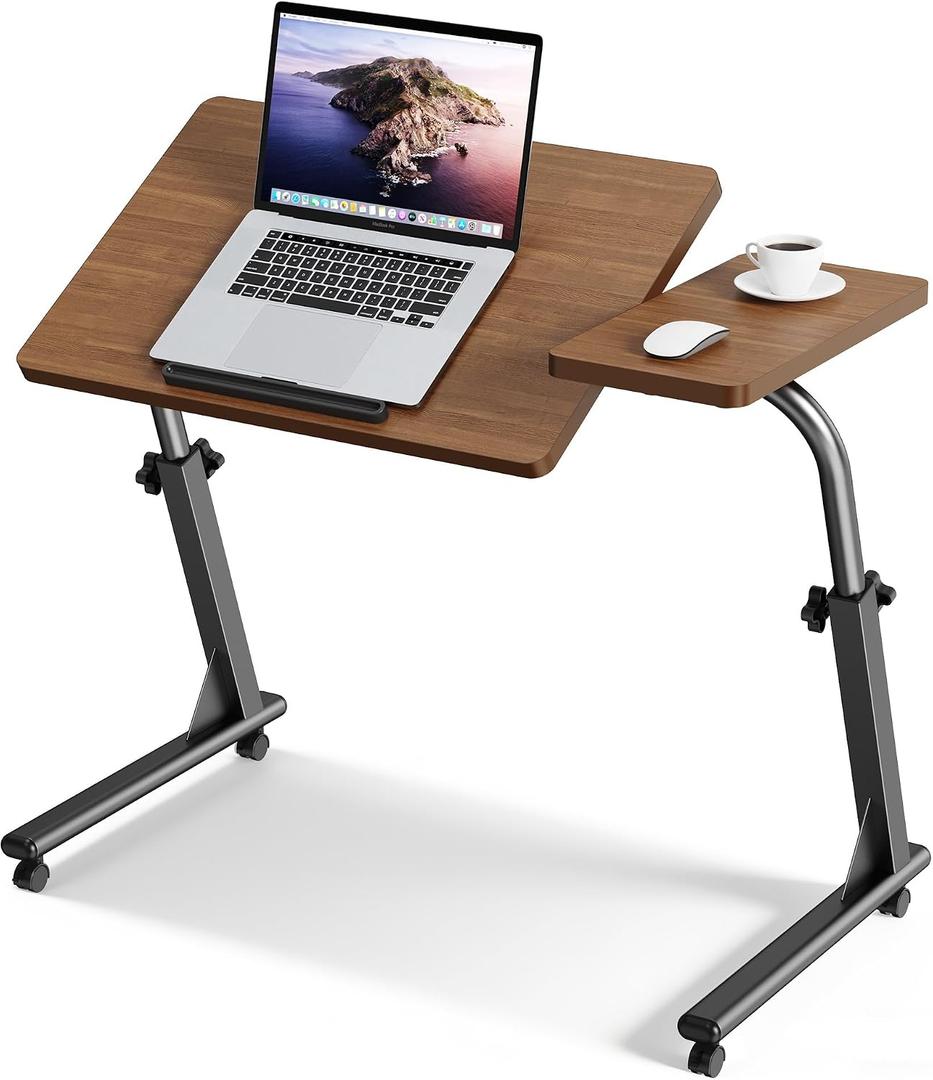 TV Tray Table, Mobile TV Dinner Trays for Eating on Couch, Folding Side Desk with Wheels, Tilt & Height Adjustable Snack Table Laptop Desk for Sofa Living Room Bedroom & Office (Brown), 31.52 inches x 15.76 inches x 19.7 inches